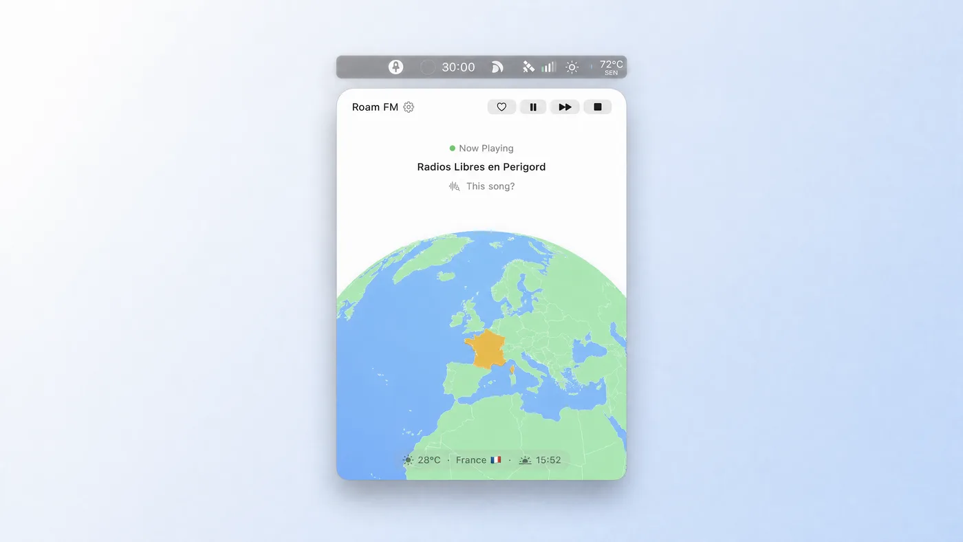Roam FM map view showing French radio stations