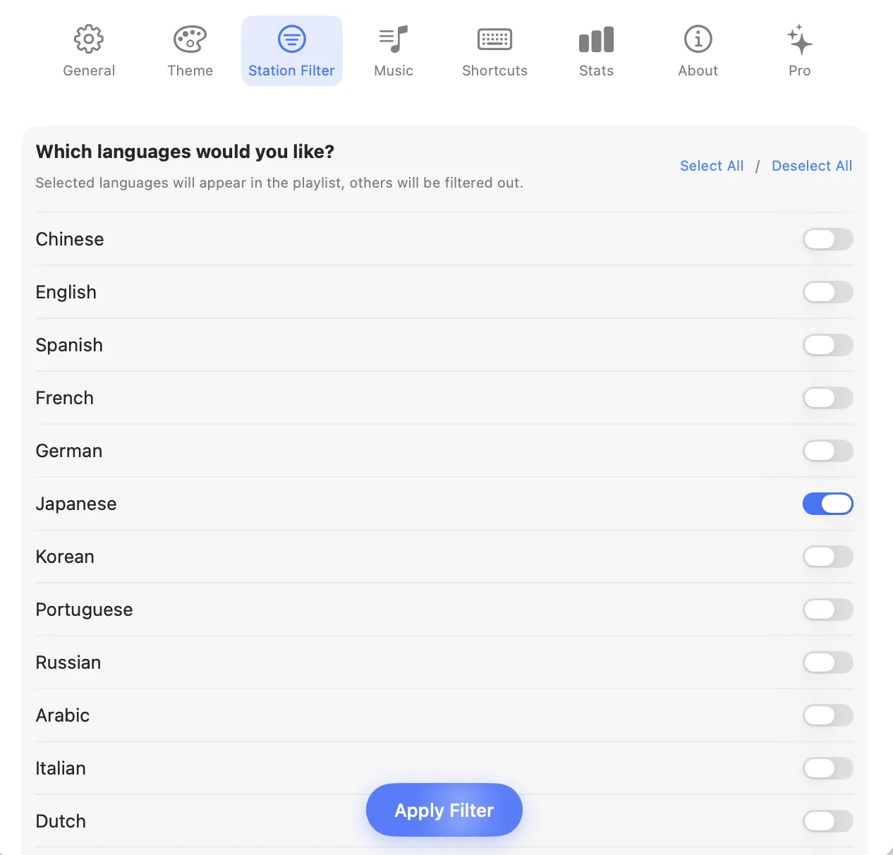 Station Filter set to French in Roam FM