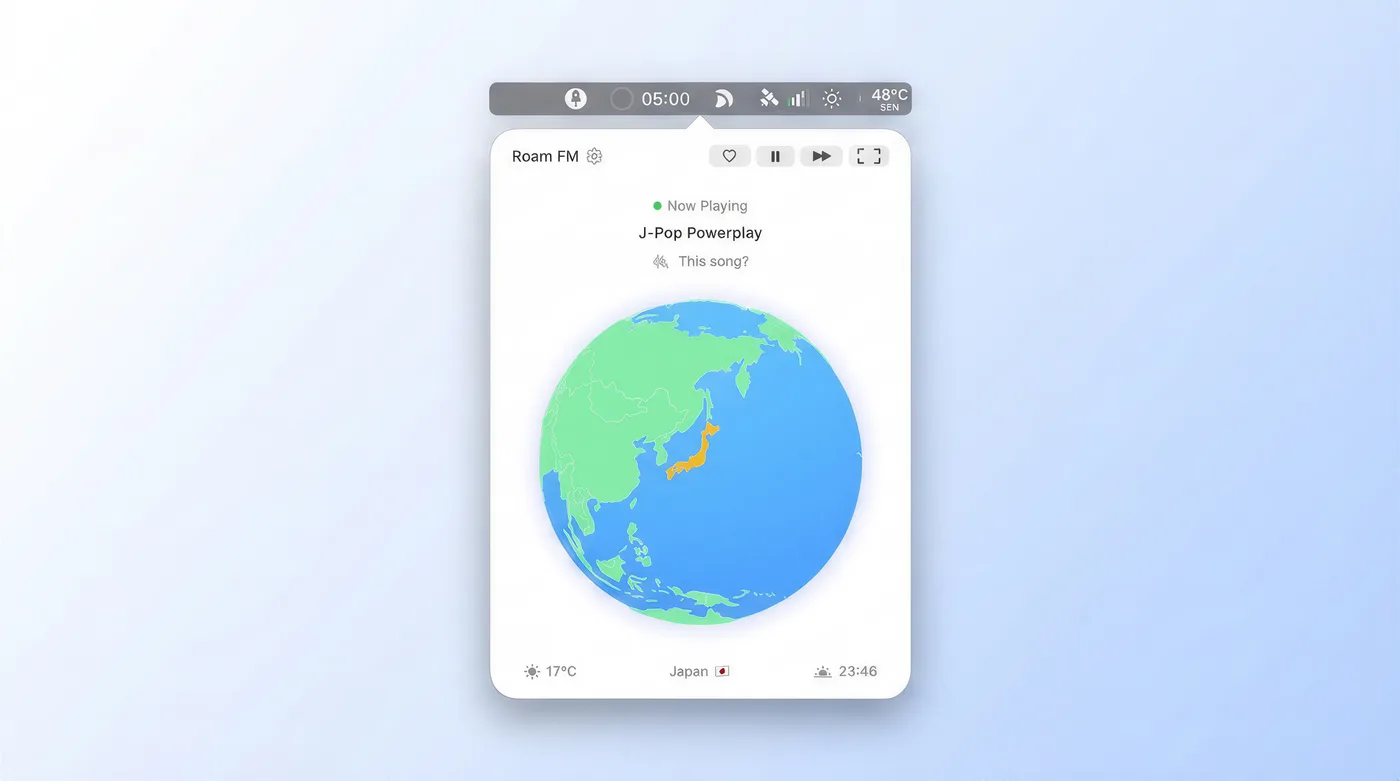 Roam FM map view showing Japanese radio stations
