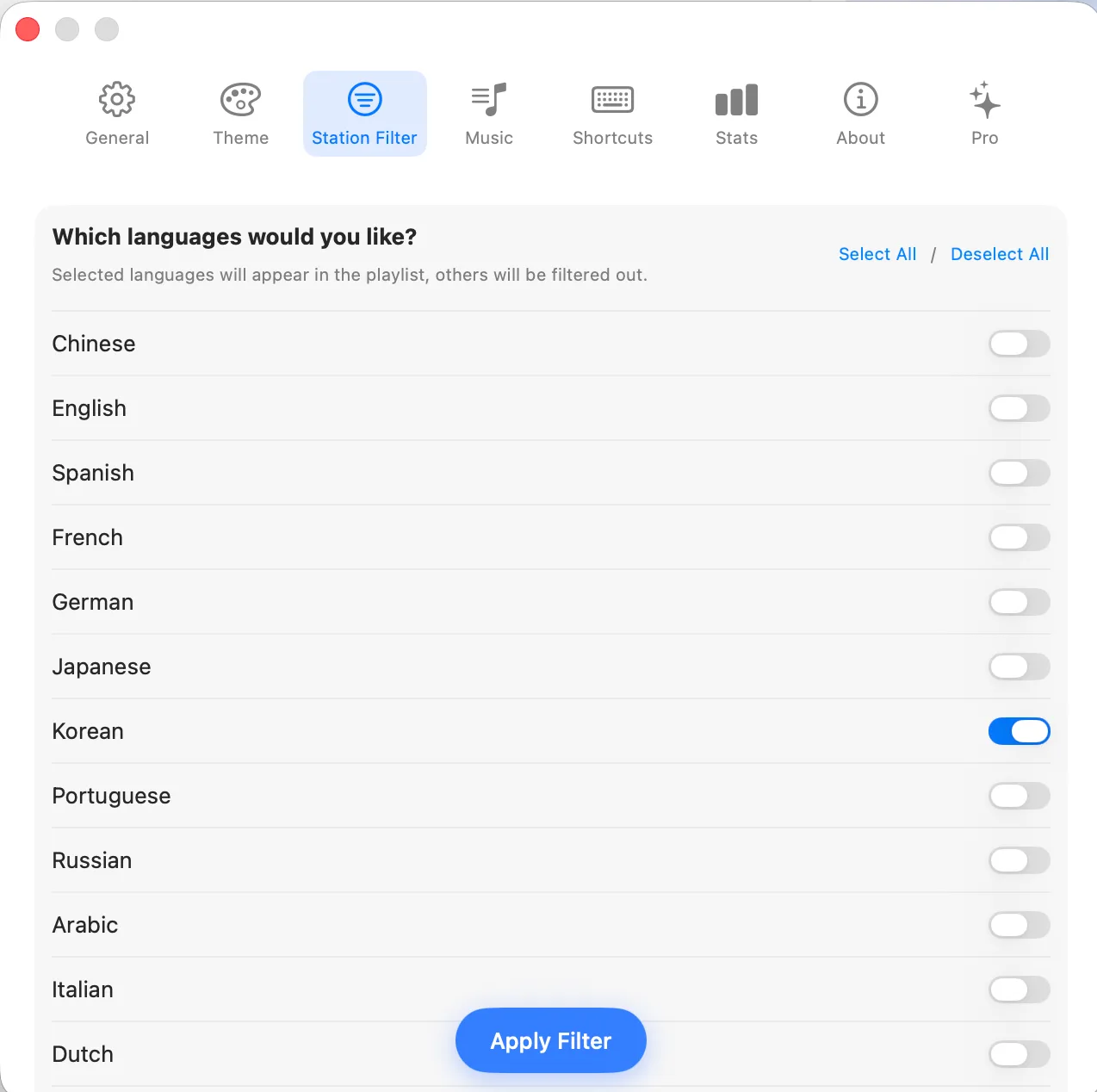 Roam FM Station Filter set to Korean