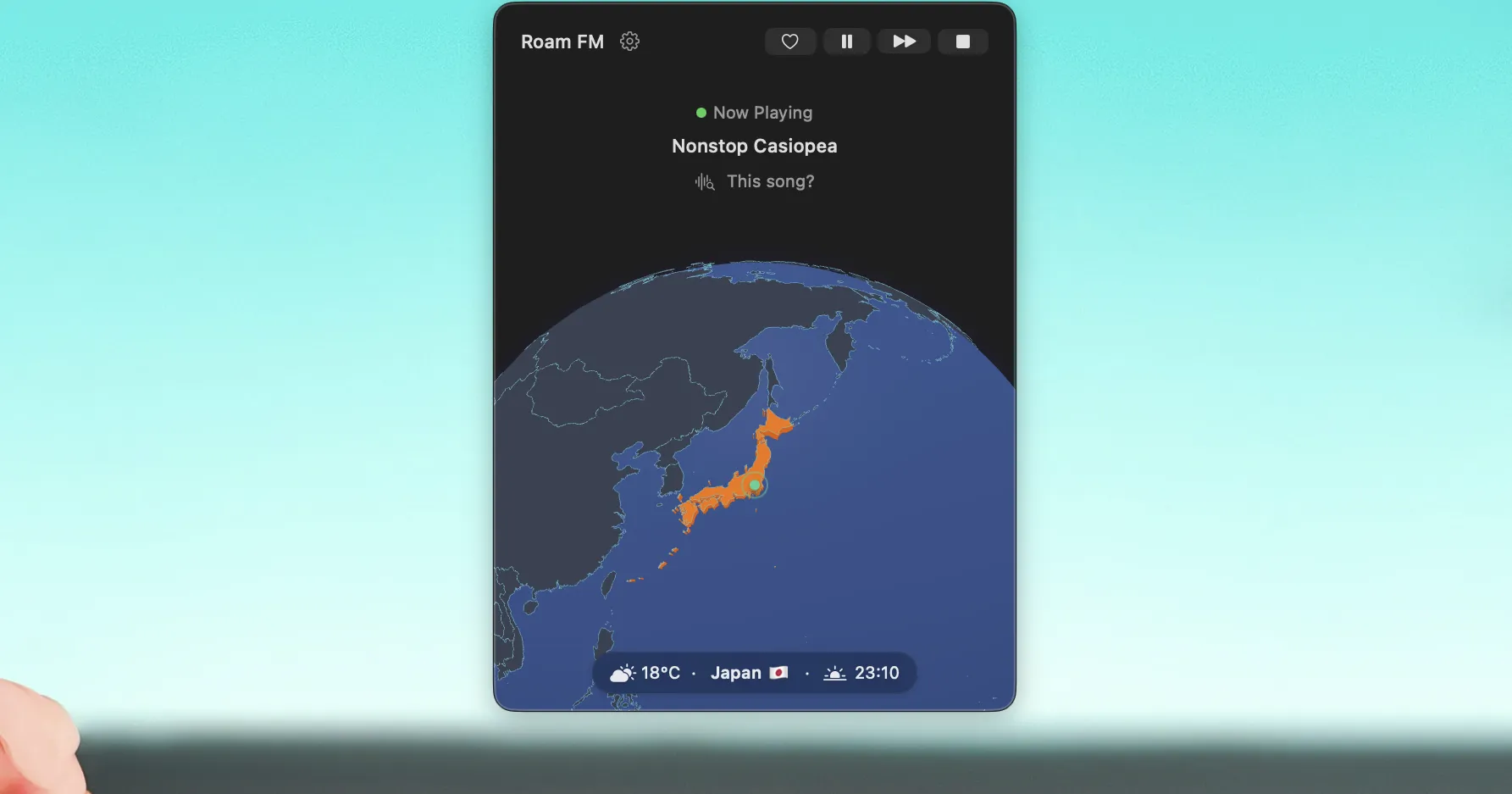 Roam FM 1.3.3 screenshot showing exact station location on the globe